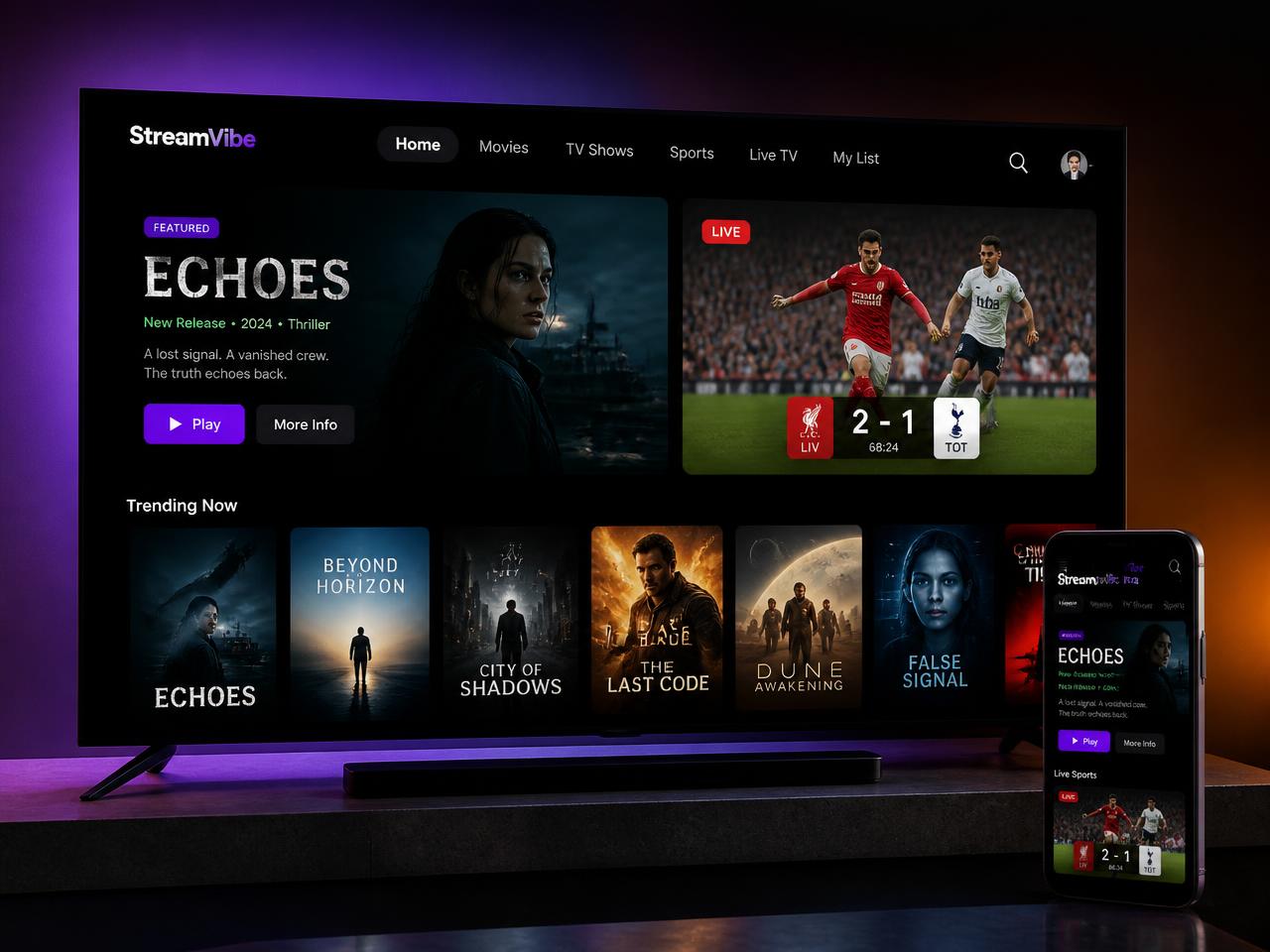 Smart TV e celular exibindo o aplicativo Lumi Play com filmes e futebol ao vivo